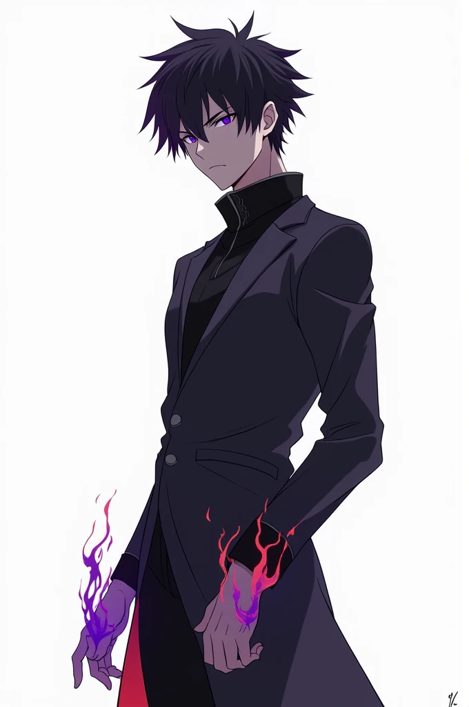 A clean and simplified version of the male anime character Ryuji Kurohara, standing tall. He has jet- black hair with a faint purple glow and dark violet eyes. His outfit is sleek, black and dark grey, with subtle purple and red flame accents around his ha...