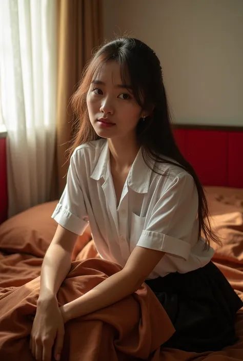 A warm and intimate morning portrait of a young Thai woman is sitting in classroom, wearing a Thai student uniform (short-sleeve white shirt and black skirt), softly wrapped in rich brown sheets that gently drape over her body. She has a relaxed and natura...