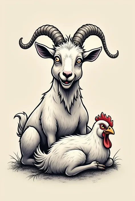 Tattoos of a drunk goat and chicken sleeping with their mouths open 