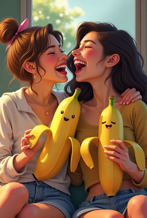 Girls with big banana with boyfriend both  laughing keep on pant sitting position 