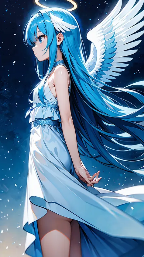 blue long hair、child、light wings on one side、angel halo、battle