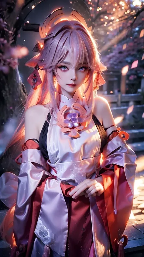 A beautiful detailed portrait of Yae Miko, an elegant and mysterious shrine maiden, long silver hair, piercing violet eyes, delicate facial features, wearing a traditional red and white shrine maiden outfit, intricate embroidered details, standing in a ser...