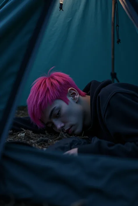 Young man at least 1 with pink hair lying face down in a camping tent ,with a black cotton diver (let it be at night) Without Beard