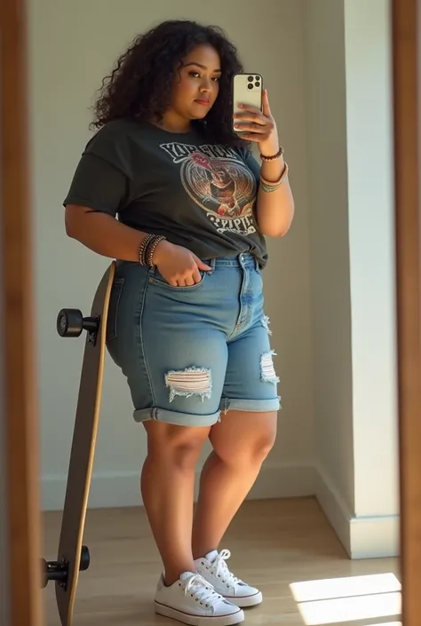 black chubby aesthetic girl dressed like a skater taking a mirror pic with her phone but not from up too close and from the side, same girl but a bit chubbier

same girl as before, slightly chubbier holding a skateboard