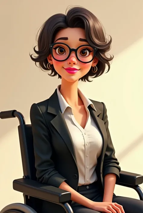 Pixar animation woman 5 with very short wavy dark brown hair with gray strands, light brown eyes, pink lipstick, 
with black glasses, white dress shirt and blazer, black sneakers, 
sitting in the motorized wheelchair.
full body photo.