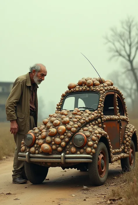 An elderly man next to a car made of snails 
