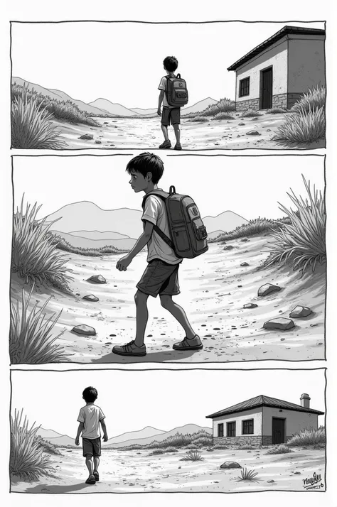 Create a non-verbal comic strip with the term RESISTANCE. Of a boy going to school even in the very hot sun, but he can go to school! 
