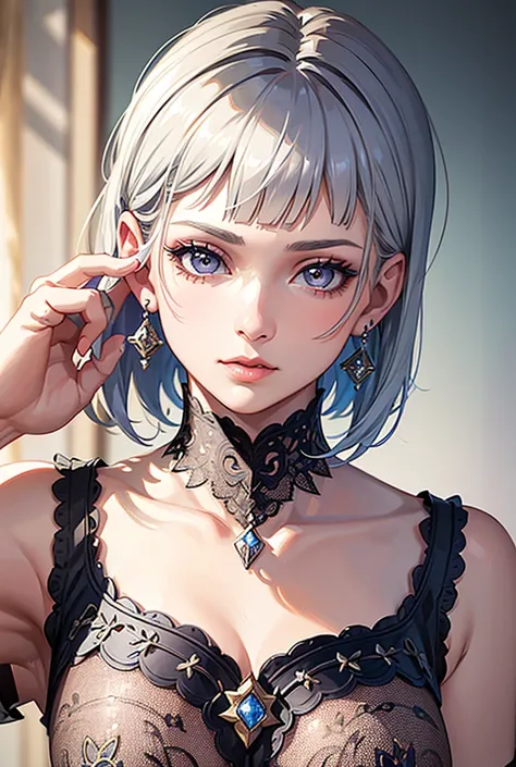 1 girl, incredibly detailed portrait, silver hair, pixie cut with bangs, earrings, short sleeves, realistic, narrow waist, charming, colorful makeup, long eyelashes, fair skin, cute, detailed face, detailed eyes, detailed iris, (best quality, masterpiece:1...