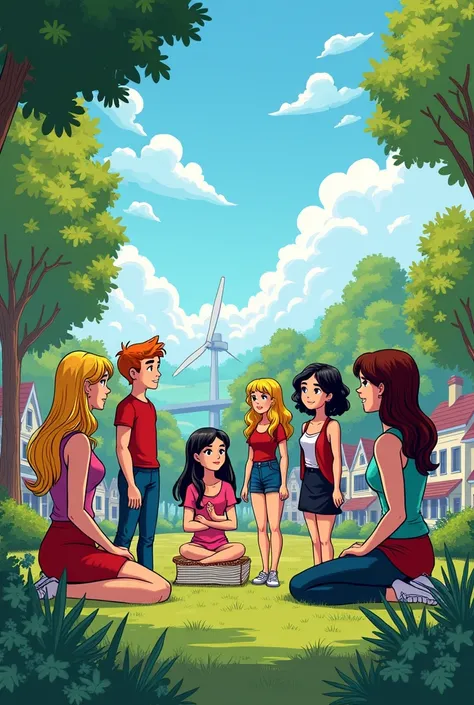 **Table 1: Introduction** horizontal

*(A panel shows the town of Riverdale with a sunny sky. Betty, veronica, archie, Jughead, cheryl and toni are in a park, enjoying an afternoon together.)*

**Betty:** Hey guys, guys! Did you know that we are spending t...