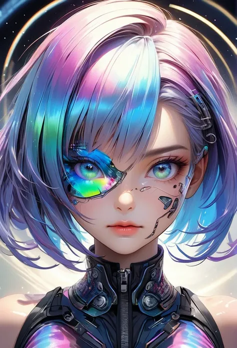 ([Eye patch:Expanding black hole:0.3], Swirling Galaxy, no gravity), Absurd aesthetics, 
BREAK Seamless Blend, holographic, Fantastic iridescent colors, cyber punk, 
BREAK Ultra-realism, Detailed and realistic skin texture, Detailed and intricate texture, ...