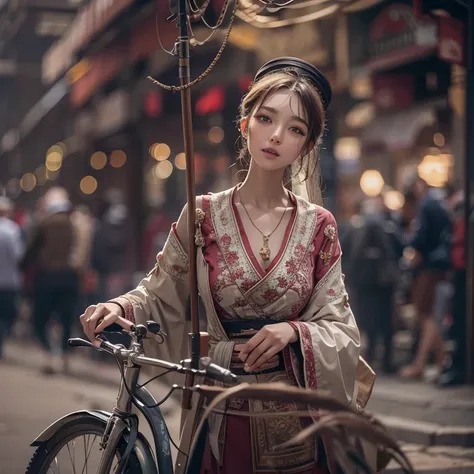 Ride an Antique Bicycle on Baker Street 、Hair flow、 ((Best Quality、masterpiece、8k、Best image quality、Ultra-high resolution、Award-winning works)、(Accurate anatomy:1.1)、(Look at me and laugh:1.1)、Shining fair skin with Ultra-high resolution、The most detailed...