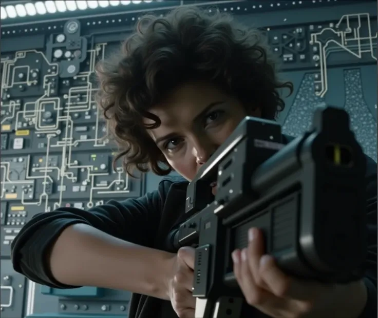 A vibrant hyper realistic comic illustration in color pencil with Don Lawrence style of Ellen Loise Ripley inspecting High Power Automatic Gun at the Commanding Bay, insanely detailed and intricate, masterpiece, best quality, octane render