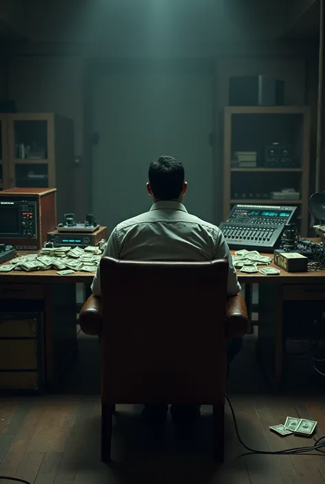 A man sitting in a chair with his back to , on a table with music equipment and money 