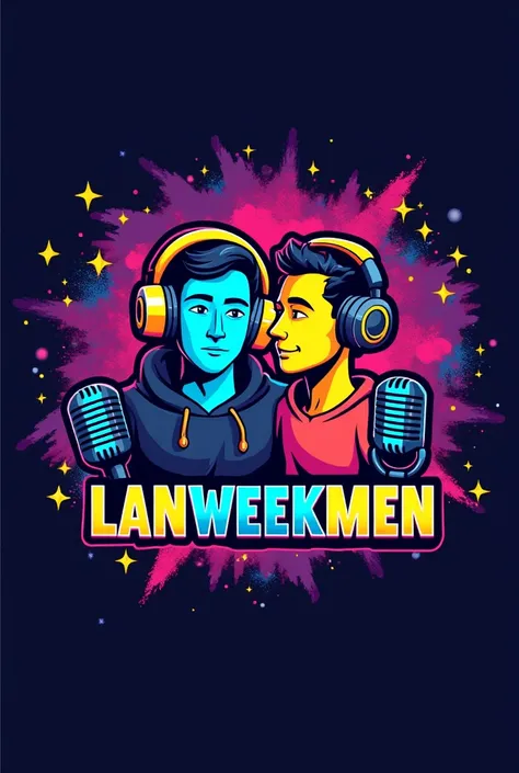 A logo for a podcast show called LANWEEKMEN that is colorful and contains elements such as headphones and microphones