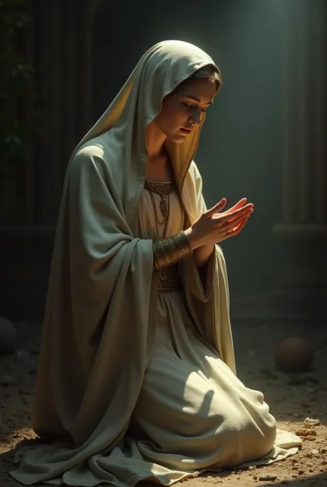 A beautiful realistic image, illuminated, mother of Jesus praying with hands outstretched on the ground, a realistic scenario.