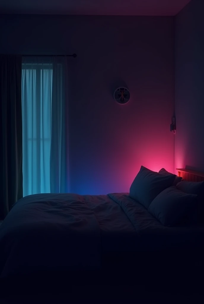 A night scene of a bedroom in which ambient pink light is glowing and little blue and green and yellow light is also there 
and light is very dim and none other thing is visible 