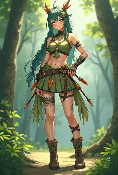 Make a Genshin Impact oc. Give her long dark green, and light grey braided hair. Her vision/element is anemo. She has a forest themed, light green, and beige outfit. With boots, tribal jewlery, and orange feathers. Medium blue, slender-ish eyes. She is ver...