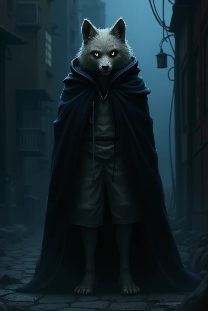 A furry man in clothes in the middle of the night