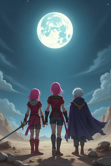 Characters:

1. warrior girl:
- Pink hair, Straight and shoulder-length - Red clothing with pink details - Light armor - Red combat shoes - Sword in right hand - Brave expression 2. young wizard:
- White hair - Young appearance - Dark purple clothes - Magi...