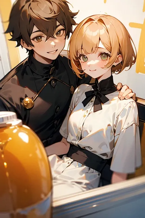  a girl with short honey hair and a boy with honey colored eyes smiling