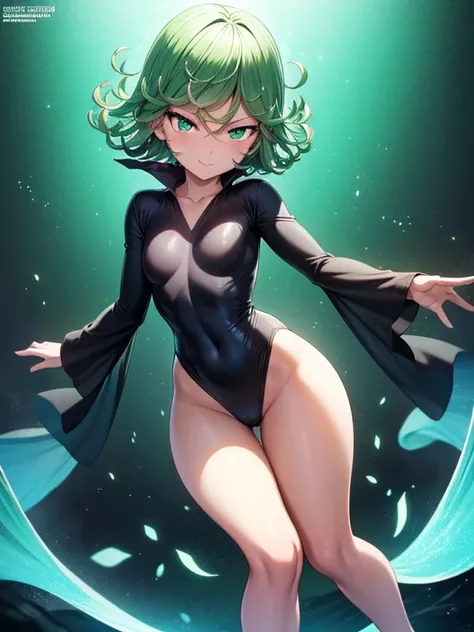 Masterpiece, Best Quality, Ultra Detailed, Illustration, Epic Lighting, Cinematic Composition, 1 Girl, Tatsumaki, Short Hair, Green Hair, Very Small Breasts, Green Eyes, Glowing Eyes, smiling, Blushing, Closed Mouth, Piercing Gaze, Full Body