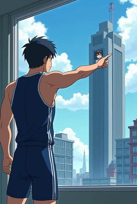 A man in a gym uniform points to a window on a tall building in the distance. There is a short-haired woman wearing glasses in there, looking embarrassed. Japanese anime. 