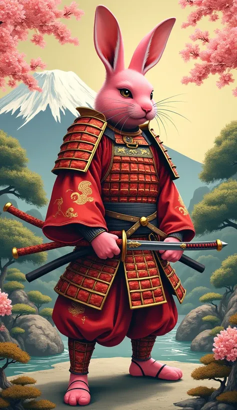 Pink rabbit samurai in old japanese art 