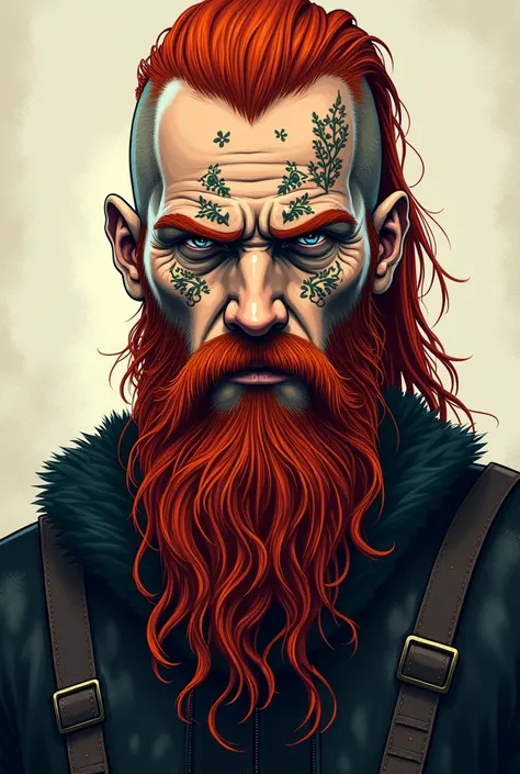 Floki Vikings with beard and red hair navigator Appeared thin and tall like a tattoo on his face 