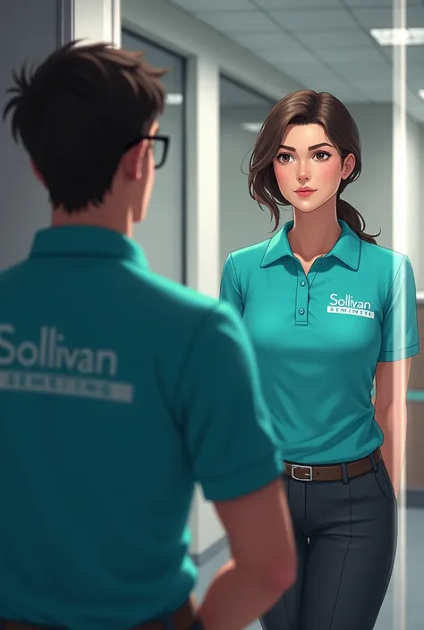 Image of SOLLIVAN deMOSTER INC with a turquoise polo shirt that says administration. looking in the mirror