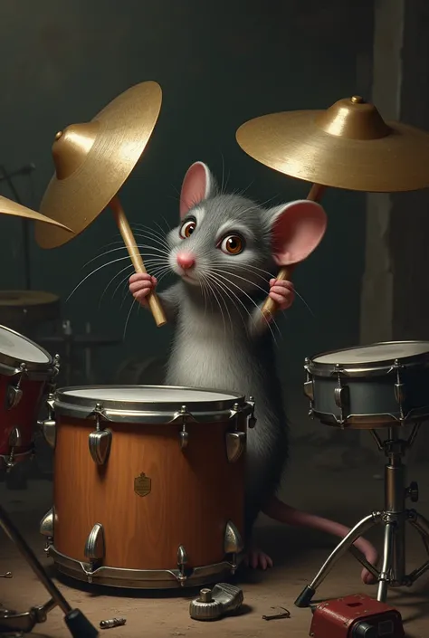 Rat stealing cymbals from drums 
