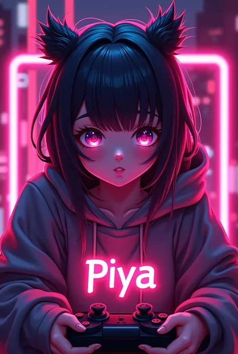 This is a gaming  logo that features the name  Piya a futuristic font and a neon pink color. and Boy anime girls avtar, The logo also has a stylized controller icon and a gaming in the background. The logo is designed to be attractive and eye-catching, and...