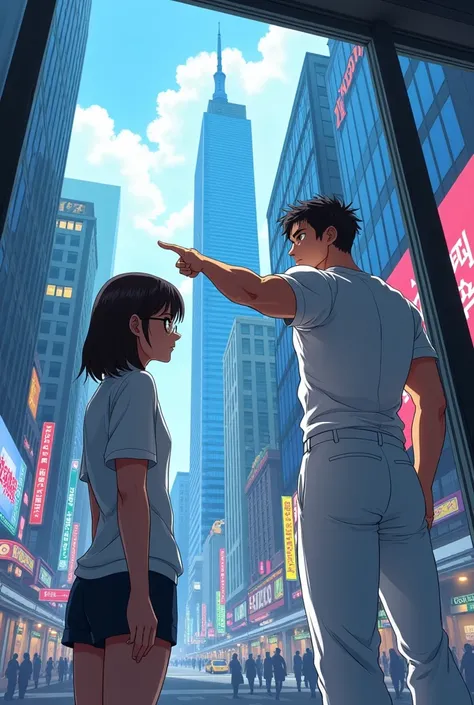 A man in a white gym suit points to a window on a tall building in the distance. There is a short-haired woman with glasses peeking inside. Japanese anime. 