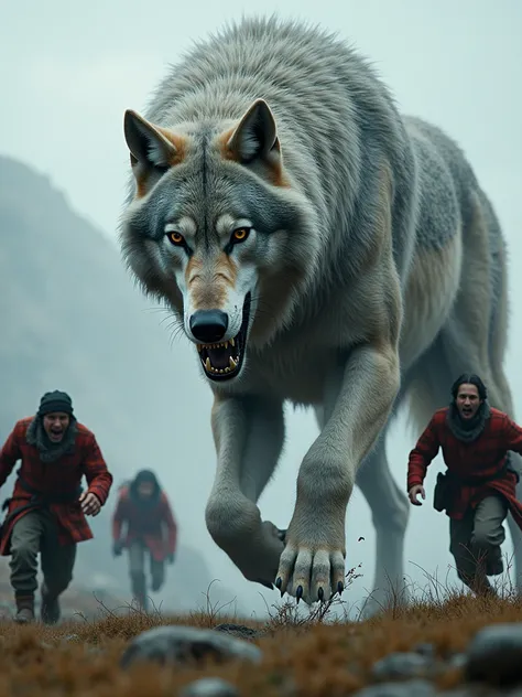 Fenrir wolf from Norse mythology, A giant, shiny silver-grey creature with a fierce appearance chases and devours scrawny people dressed in red flannels., realistic