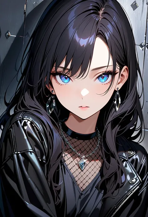 (masterpiece, best quality:1.3), A woman, 19-years-old, solo, Caucasian, (long black wavy hair, no bangs:1.2), mature face, blue eyes, black fishnet shirt, black leather jacket, large silver chain necklaces with diamond pendants, silver hoop earrings, tita...