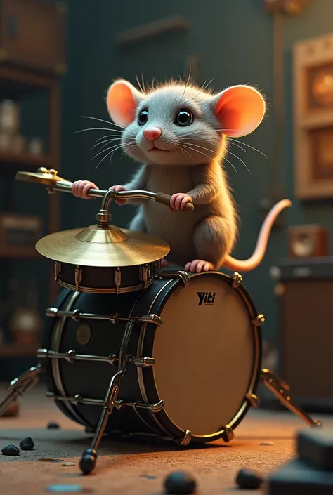 Rat stealing cymbals from drums on yiti bike
