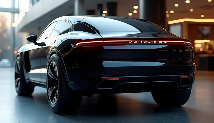 "Close-up of the NEW DESIGN 2025 Porsche 912 SUV in black, in luxury showroom, CR3, equipped with four thrusters at the rear, 2025 Porsche 912 SUV project car, shiny chrome rims, rear view, rear perspective showcasing the futuristic vehicle, 2025 Porsche 9...