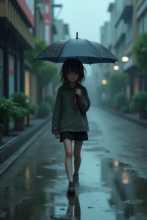 A girl looking heavy rain without umbrella gone meet his friend 