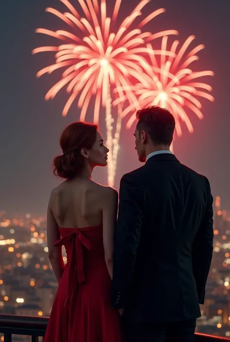 (photorealism:1.2), shy woman, wearing red dress with ribbon on back, watching fireworks at the night sky, mafia boss man with a black tuxedo in her side