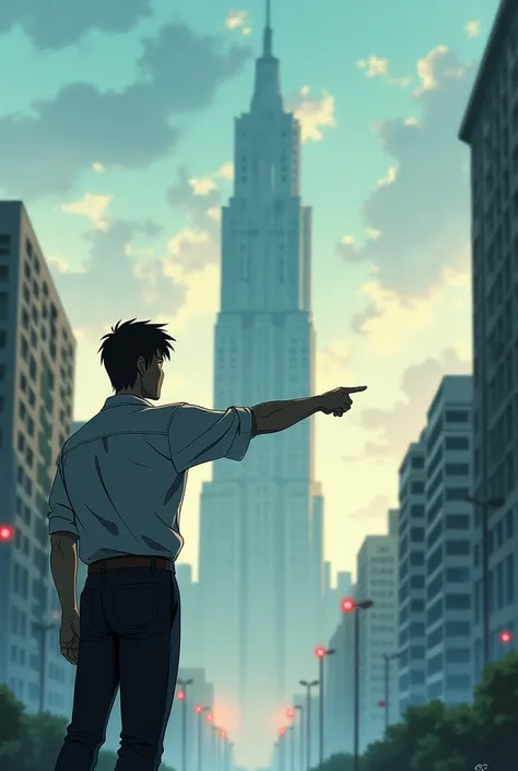 A man points to a window on a tall building in the distance. Japanese anime. 