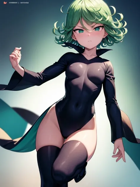 Masterpiece, best quality, ultra detailed, illustration, lighting epic, cinematic composition, 1 girl, Tatsumaki, short hair, green hair, very small breasts, green eyes, bright eyes, pouting, blushing, closed mouth, piercing gaze, full body