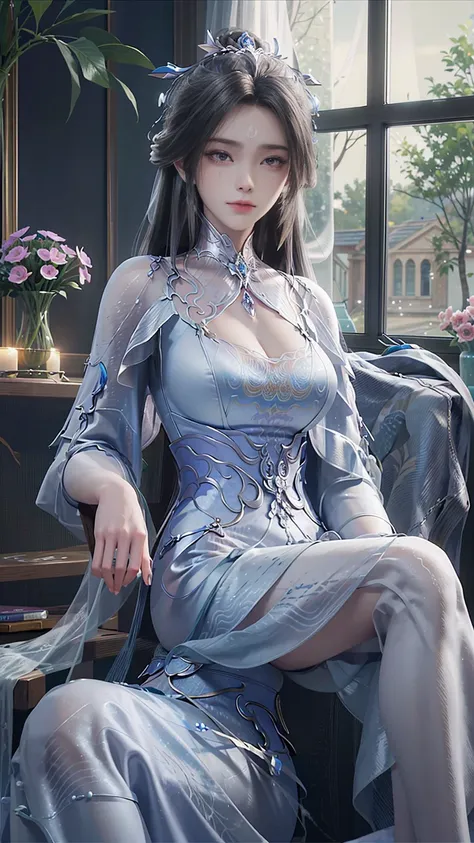 a beautiful woman sitting gracefully, ((clear cleavage)), realistic style, detailed and rich textures. she already, long flowing...