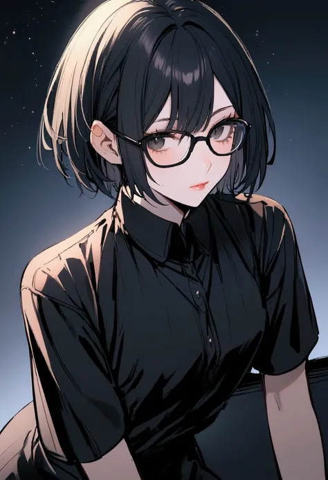 1girl, black hair, black eyes, 
black shirt, black shirt, short hair, glasses, androgynous