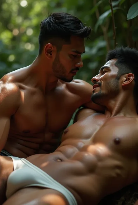 The muscular indonesian men lie down on the ground with his boyfriend, extremely detailed face, beautiful eyes, long eyelashes, sharp facial features, prominent nose, full lips, shiny skin, toned bodies, strong arms and legs, six pack abs, wearing very tig...