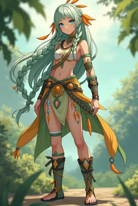 Make a Genshin Impact oc. Give her long light green, braided hair, with grey streaks. Her vision/element is anemo. She has a native American, light green, and beige outfit. With boots, tribal jewlery, and orange feathers. Bright blue, slender-ish eyes. She...