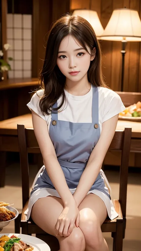 masterpiece, Ultra-high resolution, 4K, Best Quality, 1 person, whole body, Beautiful and exquisite face, Beautiful, smooth skin, Skin Texture, Medium Hair, apron, Sitting in a chair, living, Having a meal