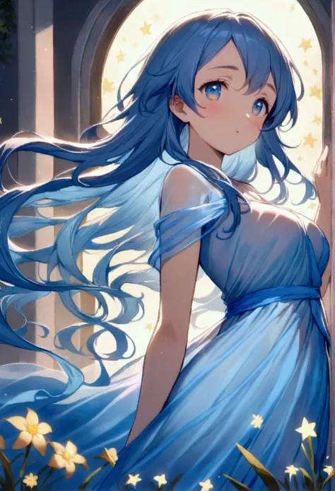 a cute woman (age 25, long flowing hair with sparkling stars in it, over large eyes very bright and reflective, airy sheer blue dress with many layers)is descending from the heavens on a moonlit night, she seems to hover down to a field of flowers while in...