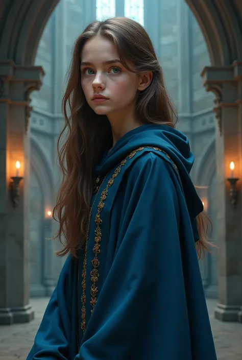 A ravenvlaw girl with green eyes and long brown hair with a middle parting in a blue robe