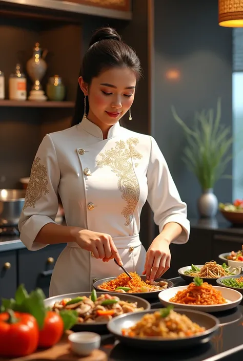 Beautiful big-breasted chef cooks Thai food