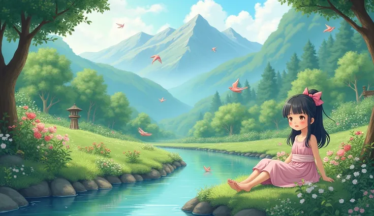    a girl sitting in the maontain garden and river, and pleasure weather, birds