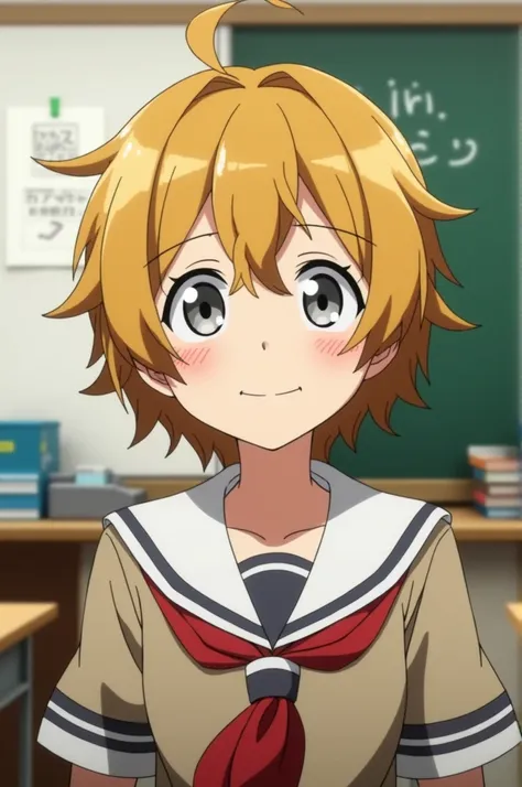 My Hero Academia screenshot. 
Girl with short messy mustard-colored hair. 
Gray eyes with a happy expression. 
White skin with a brown spot on the nose. He is wearing the UA uniform. 
Background a classroom 